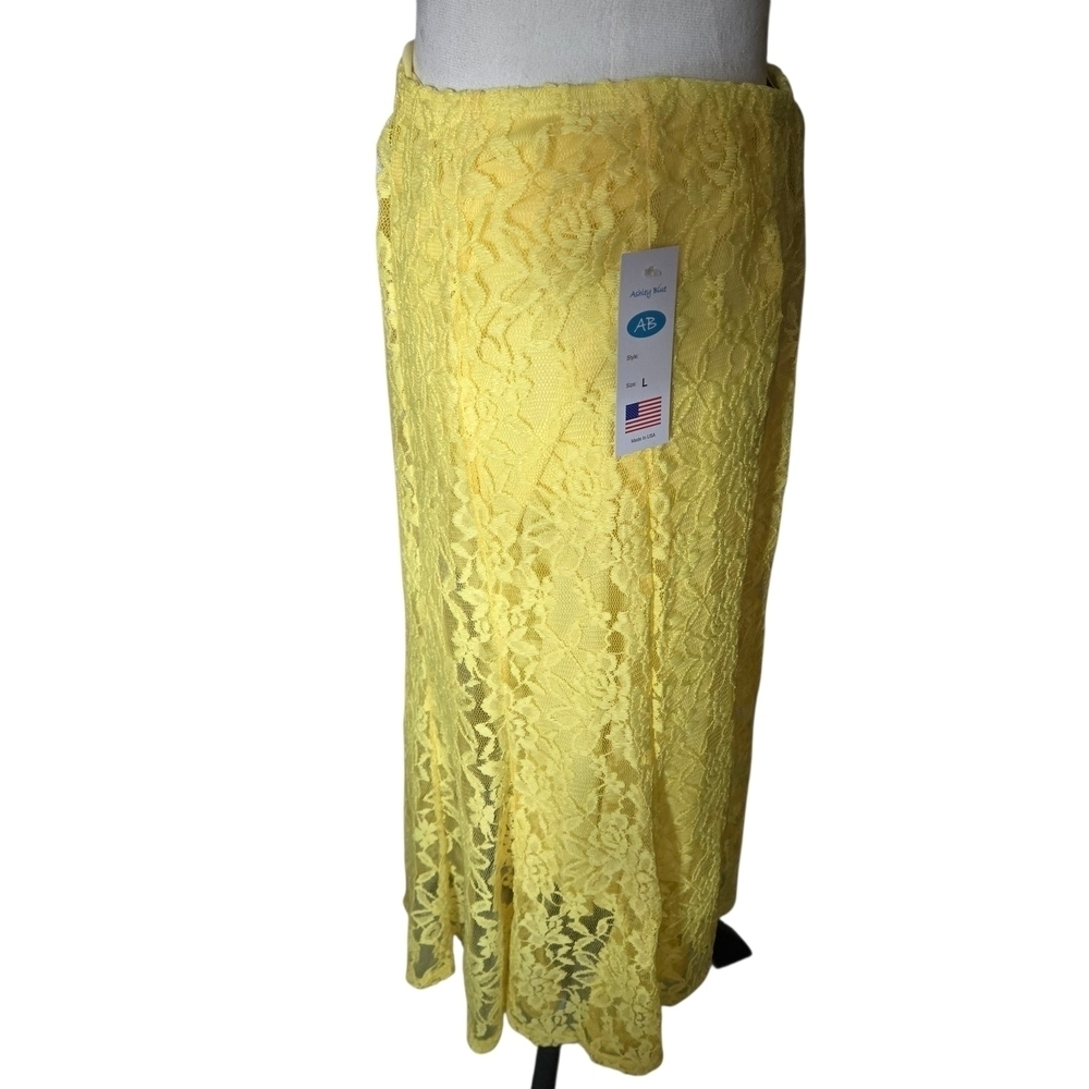 NWT Ashley Blue Woman’s L Trumpet Skirt Yellow Floral Lace Lined USA Made - Picture 2 of 12